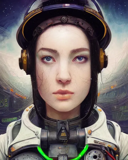 Image similar to a beautiful intricate exquisite imaginative exciting fashionable futuristic close up portrait of a young female astro engineer with stern looks, mechanical uniform, neon lights on hood and jacket by ruan jia, tom bagshaw, peter mohrbacher, brian froud, futuristic organic city in the background, epic sky, vray render, artstation, deviantart, pinterest, 5 0 0 px models