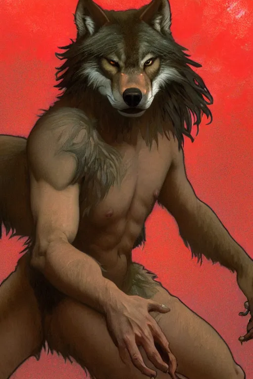 Prompt: full figure portrait of a beautiful young fit male werewolf, wolf head, partially male hairy torso, fur covered legs, luminose background, by greg rutkowski and alphonse mucha, d & d character, gradient red to black, in front of a forest background, highly detailed portrait, digital painting, artstation, concept art, smooth, sharp focus ilustration, artstation hq