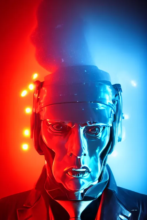 Image similar to portrait of cyber donald trump, futuristic style, neon lights, fog volumetrics, cyborg futuristic sci - fi