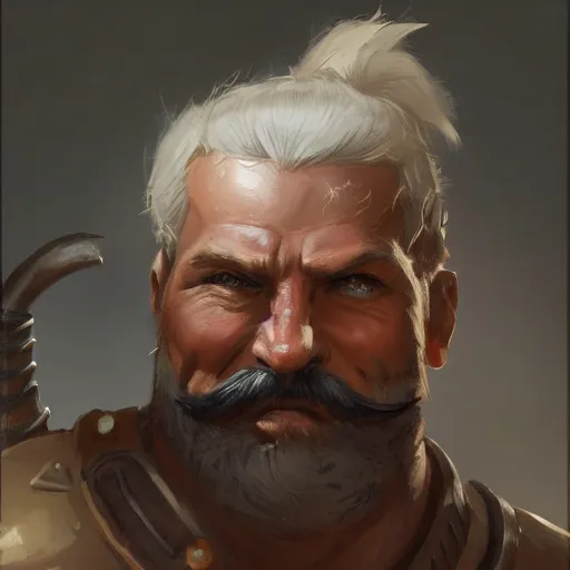 Image similar to portrait old barbarian warrior with trucker mustache and short hair, 8 k, trending on art station, by tooth wu and greg rutkowski