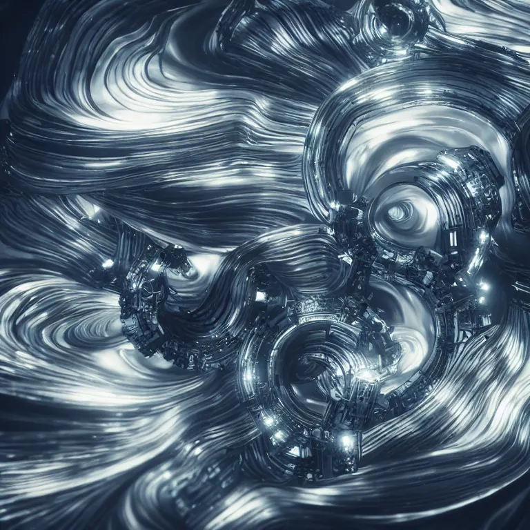 Prompt: swirling abstract cyborg parts and ornate flowing smoke streams and smooth particle effects surround a metallic spiral, cinematic, unreal engine