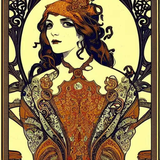 Prompt: art nouveau wallpaper, flowing 1 8 th century woman, face is symmetrical, | habsburg syndrome |, intricate detailed, ornate, silkscreen print, used poster, flat matte, hyper detailed, style of chuck sperry, alphonse mucha w 1 2 8 0