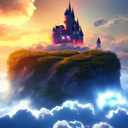 Image similar to a magical castle on the clouds, sunset, epic, trendy on artstation, 4 k