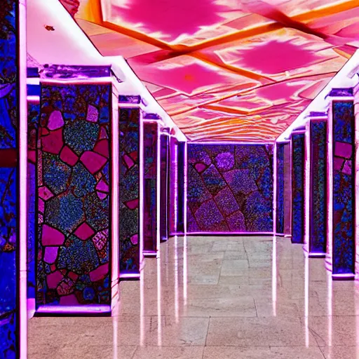 Image similar to dreampool rooms, neon ceramic tiles, purple sunlight coming through columns of neon marble