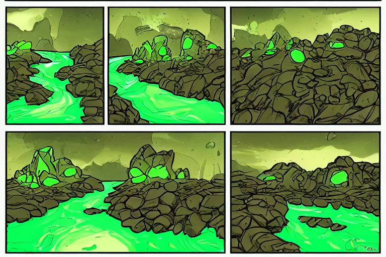 Image similar to glowing green rocks, toxic sludge, like where the hulk would live, landscape, comic book art style, pictures in sequence, storyboarding, speech bubbles, explosions