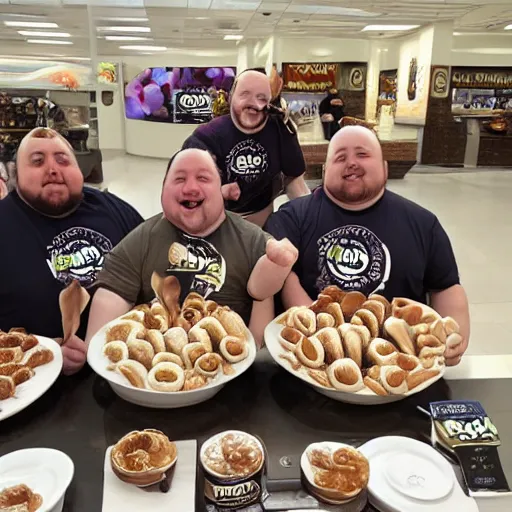 Prompt: fat guys eating cinnabons