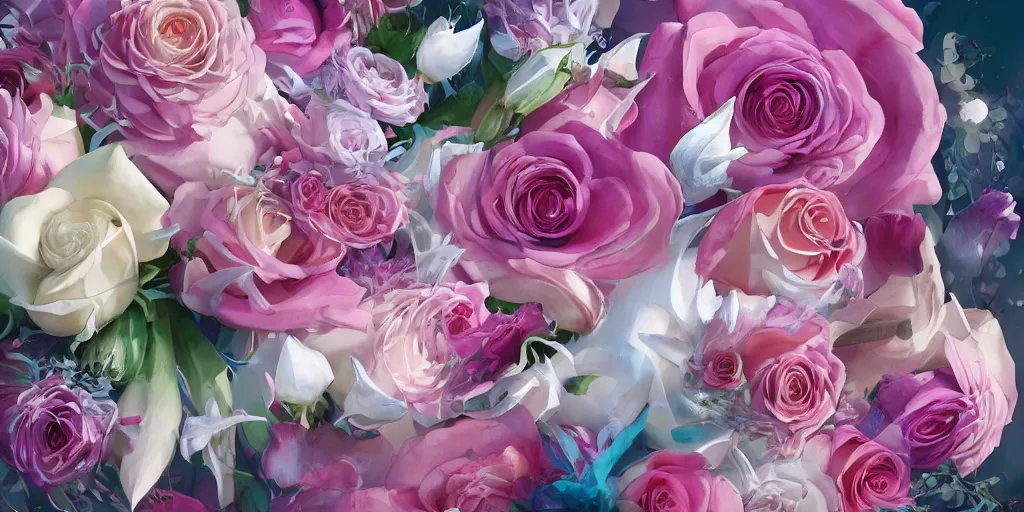 Prompt: background timelapse of magic invisible force blade slicing through a bouquet of white and pink roses, flowers exploding and splattering, big puffy clouds, exploding roses, large rose petals, lotus petals, large polygonal background elements, large polygons, studio ghibli anime, radiant lighting, artgerm, manga, trending on artstation, art nouveau, mature colors