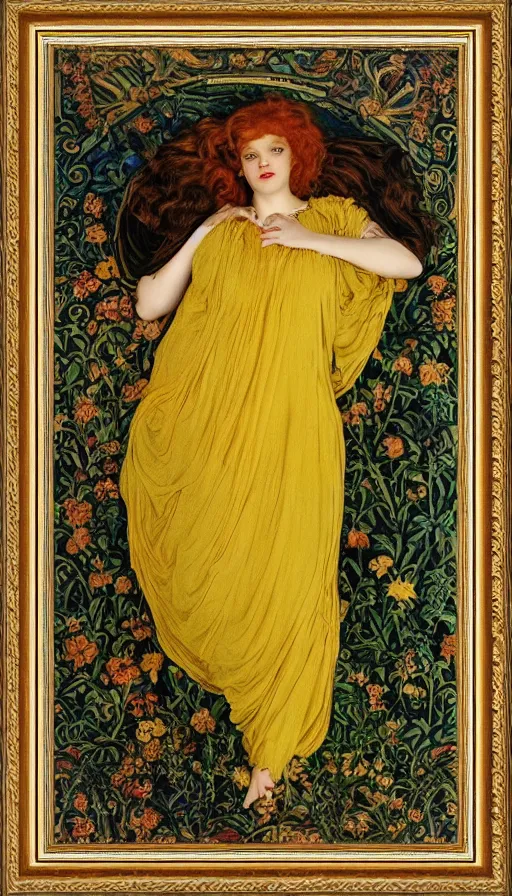 Prompt: preraphaelite full body portrait photography masterpiece hybrid of judy garland and florence welch, reclining, william holman hunt, ford madox brown, brown hair fringe, yellow ochre ornate medieval dress, william morris, framed 4 k