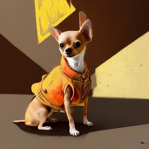 Image similar to a honey colored chihuahua puppy Showing off her streetwear , artstation, greg rutkowski, cinematic