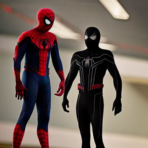 Image similar to promotional photo from new mcu spiderman movie featuring a black symbiote spiderman suit worn by tom holland