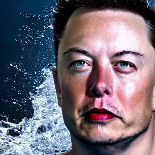 Image similar to water artwork manipulation in the shape of the head of elon musk, on the ocean water, ray tracing, realistic water sharp focus, long shot, 8 k resolution, cinematic, amazing water art