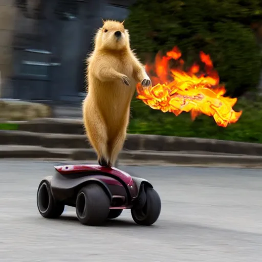 Prompt: action photograph of a capybara riding a flaming segway