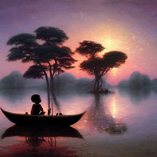 Prompt: an african boy fishing on a steampunk longboat in a foggy pink lake at sunset, large glowing acacia tree by android jones and thomas kinkade, oil on canvas