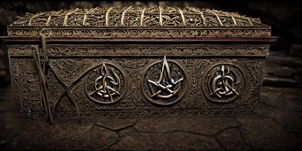 Image similar to an ancient ornate intricate old spell satanic coffin with the sigil symbol of evil emblazoned on the cover, in a unknown cave, cinematic, realistic, intricate detail, finely detailed, small details, extra detail, photorealistic, high resolution, 3 d, pbr, path tracing, volumetric lighting, octane render, arnold render, 8 k