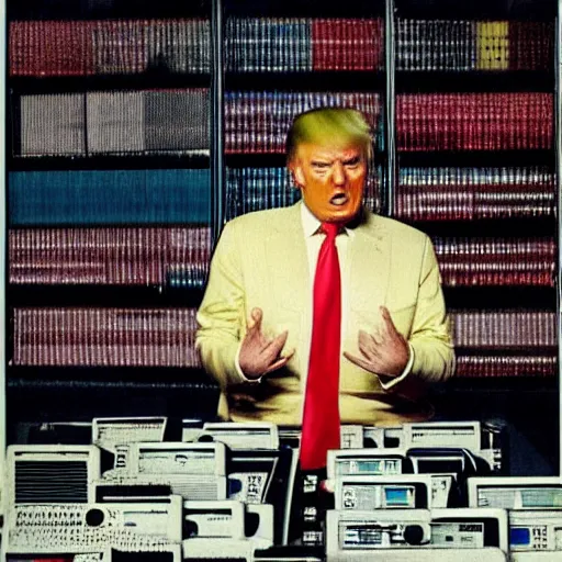 Prompt: candid color photo of Donald Trump nervously sitting at an enormous bank of very complicated, 1970's looking computers designed by gucci. Donald, exasperated and terrified, is working with his clones to install a new video card without much success.. They are all frustrated at not having gotten the computer working. classic photo for Vanity Fair by annie leibowitz