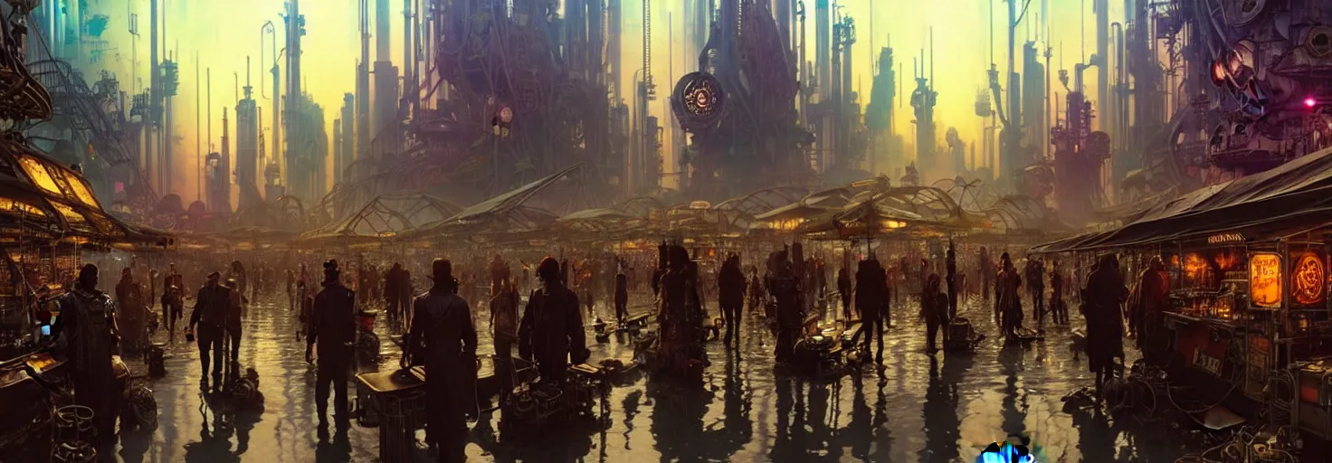 Image similar to steampunk cyberpunk city in a swamp, busy market, godrays, cinematic, poster art by james gurney, weta studio, lucasfilm jesper ejsing, norman rockwell, mucha, ilya kuvshinov, greg rutkowski frank frazzeta on artstation