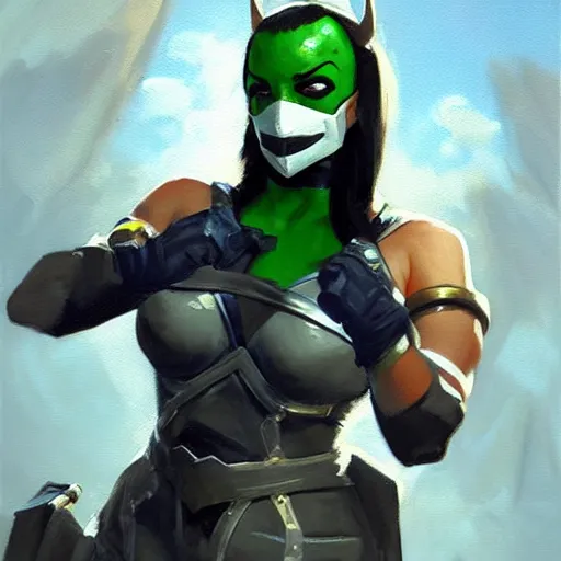 Image similar to greg manchess portrait painting of jade from mortal kombat wearing a halfmask as overwatch character, medium shot, asymmetrical, profile picture, organic painting, sunny day, matte painting, bold shapes, hard edges, street art, trending on artstation, by huang guangjian and gil elvgren and sachin teng