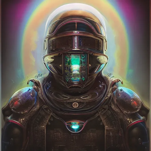 Image similar to dan mumford tom bagshaw, rainbow lighting world giger curiosities carnival stars, photorealistic medium shot octane render of a single very beautiful thicc female helmet face full long cyberpunk metallic armored ornate, accurate features, focus, very intricate ultrafine details, award winning masterpiece