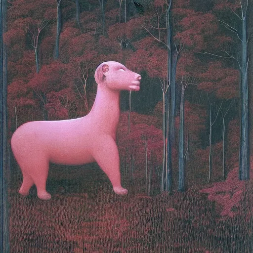 Prompt: giant pink god with a golden animal mask on a forest clearance surrounded by animals by Beksinski