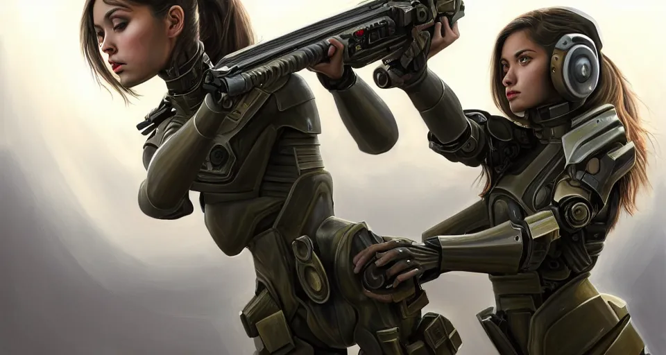 Prompt: a photorealistic painting of an attractive young girl, clothed in stealth-battle armor with a giant sci-fi sniper rifle in her hands, olive skin, long dark hair, beautiful bone structure, symmetrical face, perfect eyes, a futuristic hover-tank with heavy laser-turret in the background, intricate details, elegant, digital painting, illustration, sharp focus, minimal artifacts, from Metal Gear, in the style of Ruan Jia and Mandy Jurgens and Greg Rutkowski, trending on Artstation, award winning, unreal engine, octane render