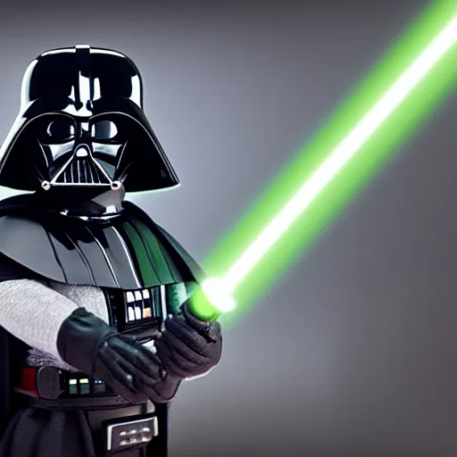 Image similar to A studio image of Darth Vader holding a green lightsaber, ray tracing, 4k, hyper detailed, studio lighting, movie set,