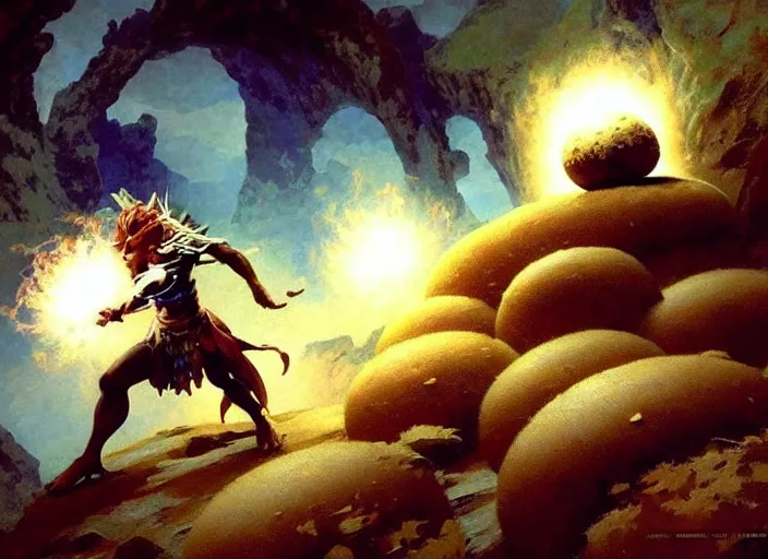 Image similar to magic : the gathering fantasy character concept art of cute riceballs bouncing down a mountain path, by franz frazetta, high resolution. rice granules scattered all around, fantasy coloring, intricate, digital painting, artstation, smooth, sharp focus