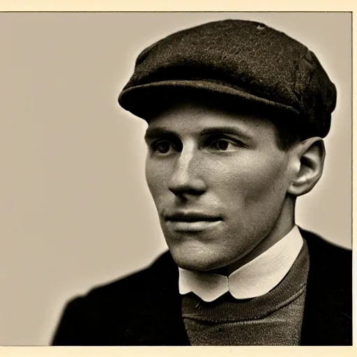 Image similar to A photograph portrait of Jerma985 wearing a newsboy cap in the early 1900s, taken in the early 1900s, grainy, taken on a early 1900s Kodak Camera, realistic, hyperrealistic, very realistic, highly detailed, very detailed, extremely detailed, detailed, digital art, trending on artstation