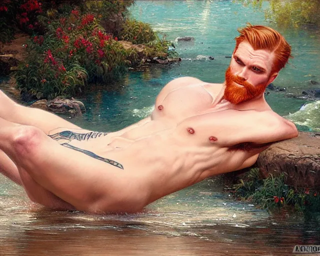 Image similar to handsome tattooed ginger gym bro bathes in the river, painting by artgerm, gaston bussiere, craig mullins, j. c. leyendecker, tom of finland