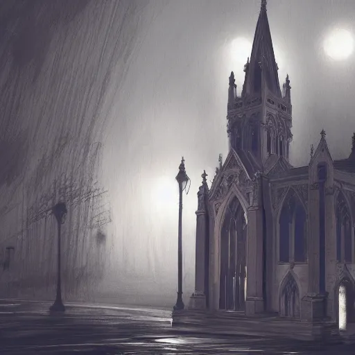 Prompt: victorian church in the middle of the city, dark, misty, at night, 8 k, detailed, concept art, trending on artstation