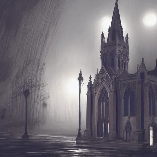 Image similar to victorian church in the middle of the city, dark, misty, at night, 8 k, detailed, concept art, trending on artstation