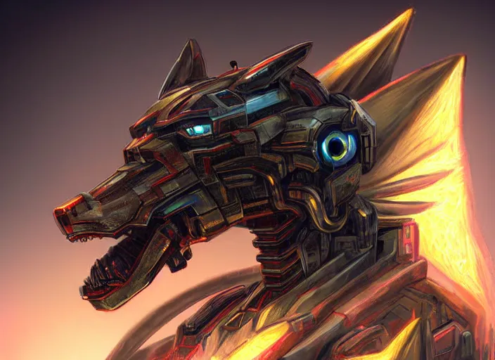 Image similar to hyper realistic, epic, highly detailed cinematic fukll, shot of a gigantic feral robot mecha canine, sharp dragon claws, detailed glowing head, metal ears, cannon mounted on back, sleek armor, glowing visor, detailed sharp claws, digital art, furry art, macro art, dragon art, furaffinity, deviantart, sofurry