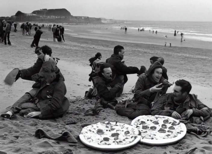 Image similar to vintage photo of a pizza party on omaha beach in normandy