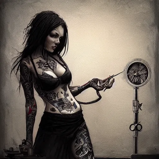 Image similar to female tattoo artist in gothic tattoo studio, greg rutkowski