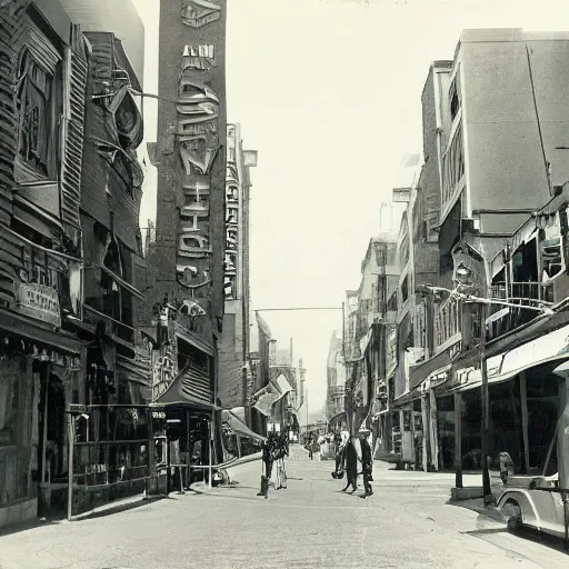 Image similar to old photograph of sci-fi city street