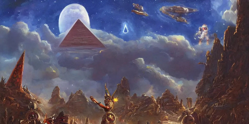 Image similar to simonetti rutkowski epic painting aztec warrior watching spaceship starship in the sky, background is mesoamerican pyramid