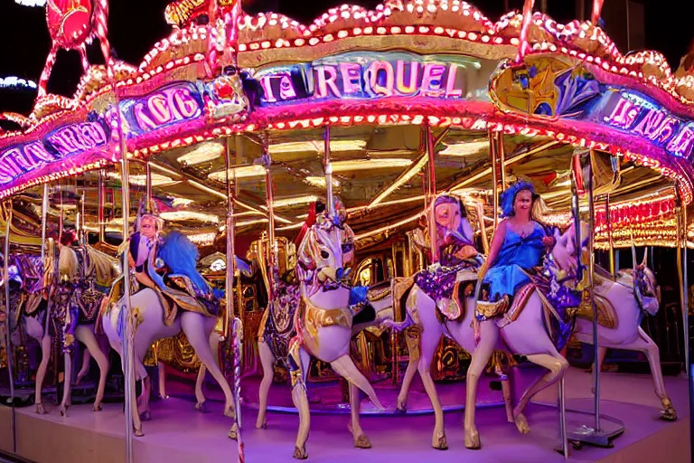 Prompt: professional photo drag queens riding carousel, las vegas show