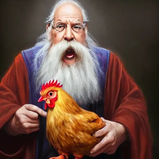 Prompt: a portrait of a wizard holding his pet chicken in his hands by Tony Sart, confused facial expression, blue robe, long white beard, frizzy hair, ArtStation, realistic, detailed