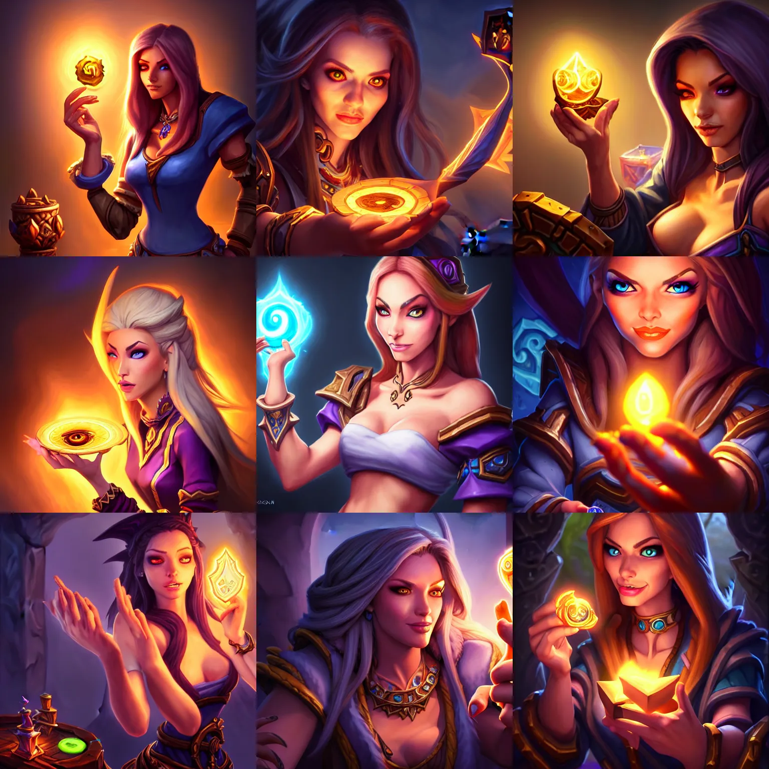 Prompt: Full body Hearthstone official professional art, with realistic beautiful face & eyes. A sorceress finding a treasure. Insanely coherent and well drawned physical body parts. Full body, sharp focus, 8k high definition, insanely detailed, intricate, elegant, smooth, sharp focus, ArtStation. Very detailed hands with 5 coherent fingers.