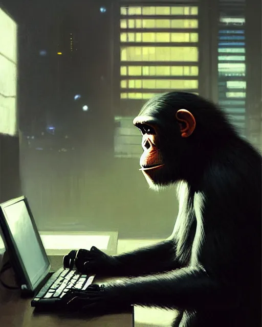 Image similar to cyberpunk hacker chimpanzee at the computer. sci - fi art by greg rutkowski, gustave courbet, rosa bonheur, edward hopper. faithfully depicted facial expression, perfect anatomy, sharp focus, global illumination, radiant light, detailed and intricate environment, trending on artstation