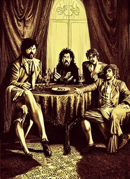 Prompt: old movie poster from 8 0 - s with three vampires from < < what we do in the shadows > > sitting around a table, baroque style art by gustave dore, gray lights in the background, dramatic light