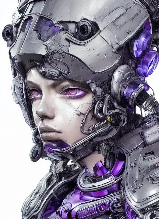 Image similar to close up portrait of a pale woman in sci - fi power armor with purple hair, powerful, domineering, stoic, masterful, intense, ultrafine hyperdetailed illustration by kim jung gi, irakli nadar, intricate linework, sharp focus, octopath traveler, yoji shinkawa, highly rendered, detailed, concept art, intricate environment