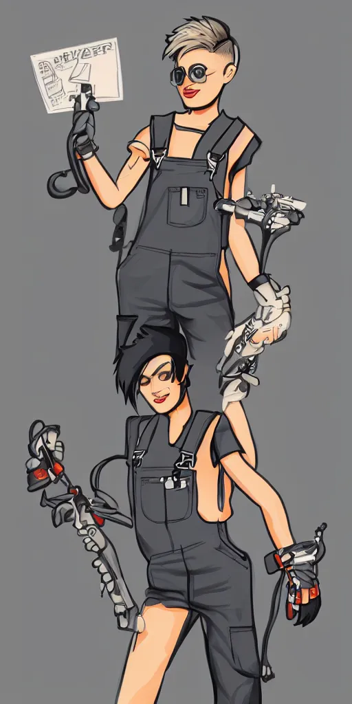 Image similar to an androgynous punk girl with short hair who is a mechanic wearing overalls, grey background, illustration, character concept design, trending on artstation