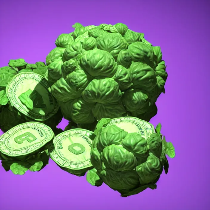 Image similar to high quality 3 d render very cute cabbages money dollar! party! highly detailed, unreal engine cinematic smooth, moody purple glow light, low angle, uhd 8 k, sharp focus