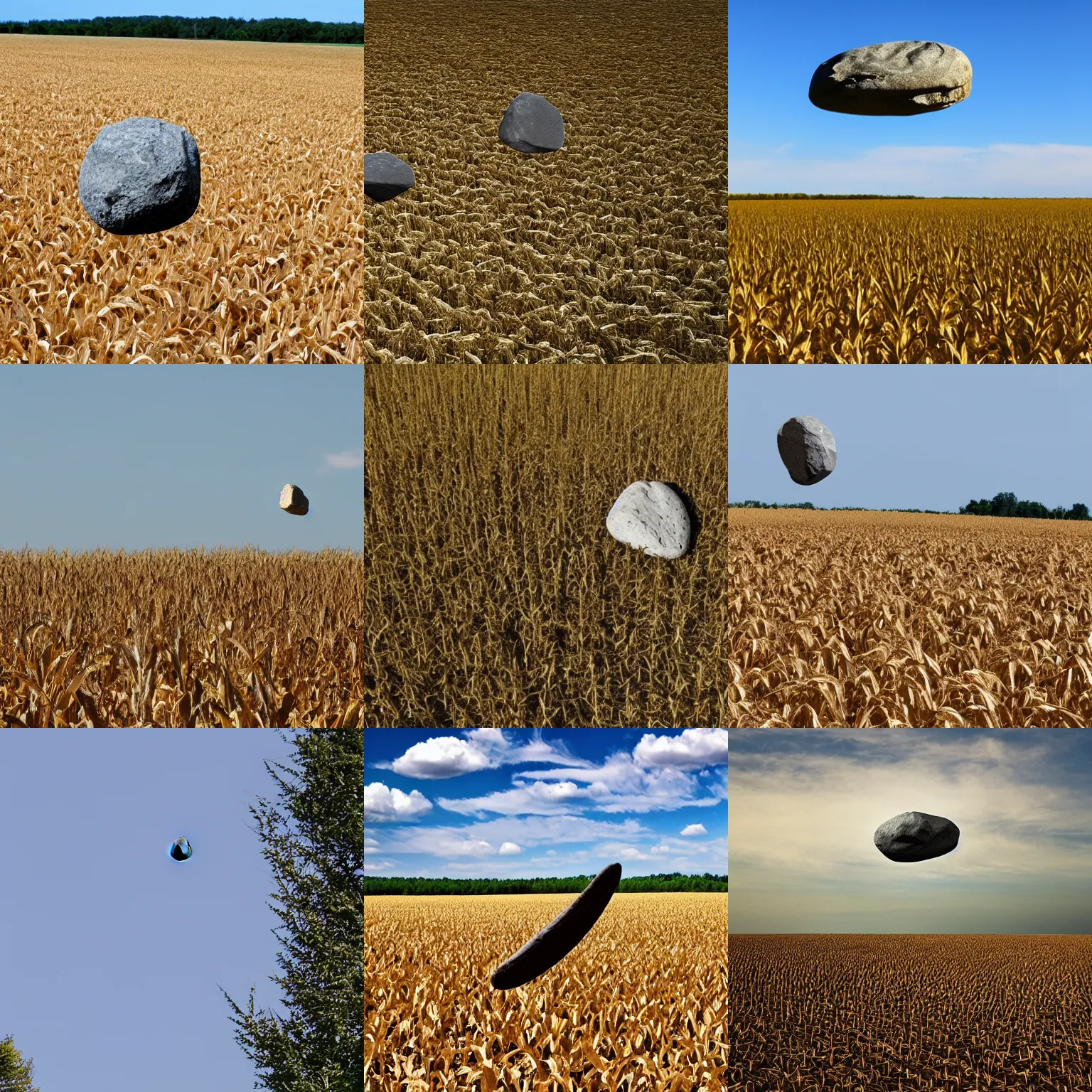 Prompt: a flying rock above cornfield