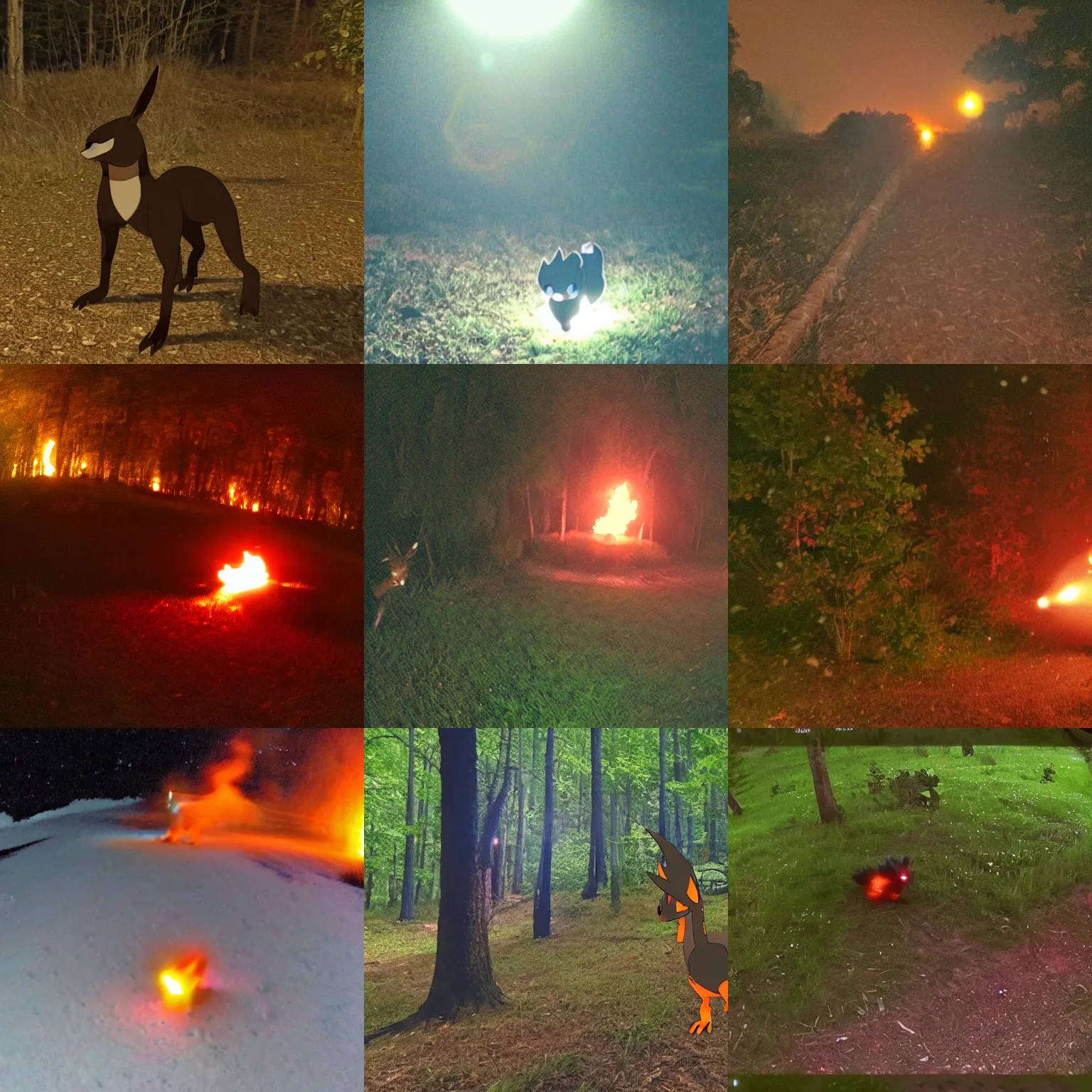Prompt: trail cam footage of a wild fire type pokemon at night