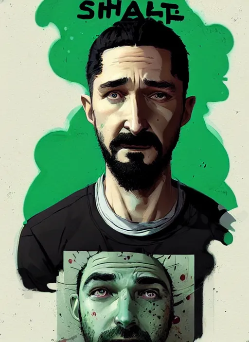 Image similar to highly detailed closeup portrait of creepy staring shia lebouf with motivational text by atey ghailan, by greg rutkowski, by greg tocchini, by james gilleard, by joe fenton, by kaethe butcher, gradient green, black and white color scheme, grunge aesthetic!!! ( ( graffiti tag wall background ) )