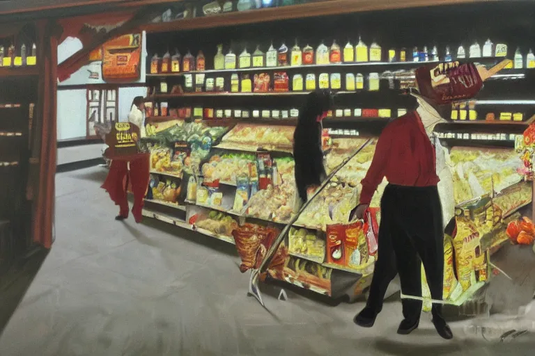 Image similar to black velvet painting of leatherface shopping at a grocery store