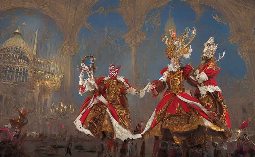 Prompt: the enchanted venice carnival dream with dancing masked people, behance hd artstation, by moebius and nicto ngai
