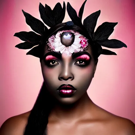 Image similar to portrait of a black woman inspired by Natalie Shau, Anna dittmann,flower crown, face gems, make up,cinematic
