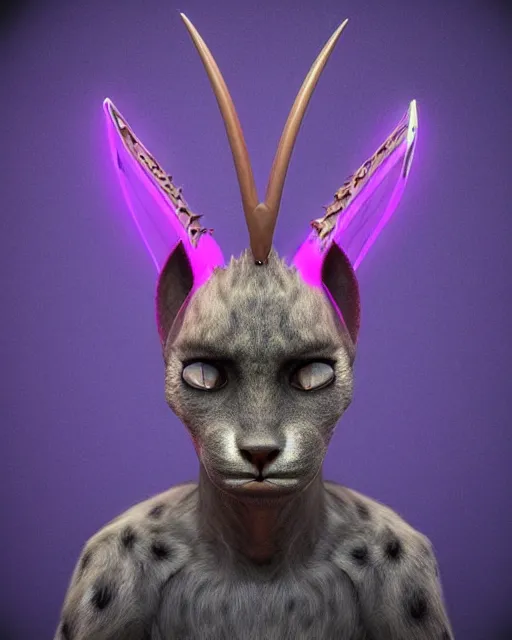 Prompt: pretty humanoid cat-like alien with horns instead of ears holding a laser rifle and the face of a hyena, futuristic, sci-fi purple fur, photorealistic CGI